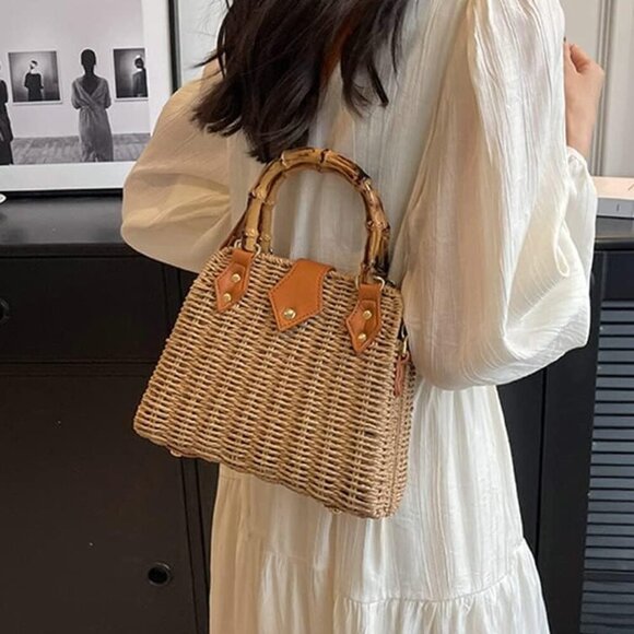 Women Straw Crossbody Bag Handwoven Basket Handbags Summer Beach Weave Shoulder - Picture 4 of 8